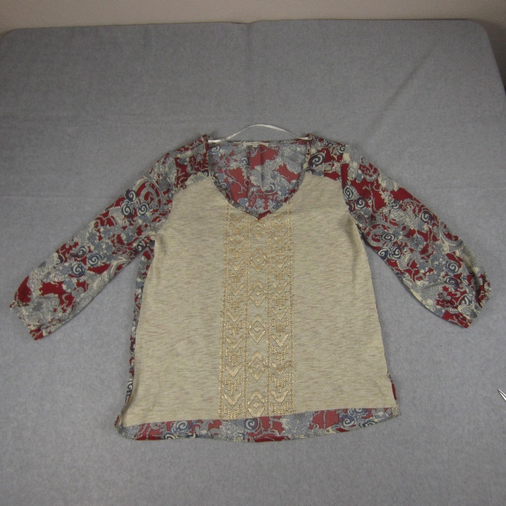 Miss Me Top‎ Blouse Womens Small Floral Beaded V-Neck Boho Western 3/4 Sleeve